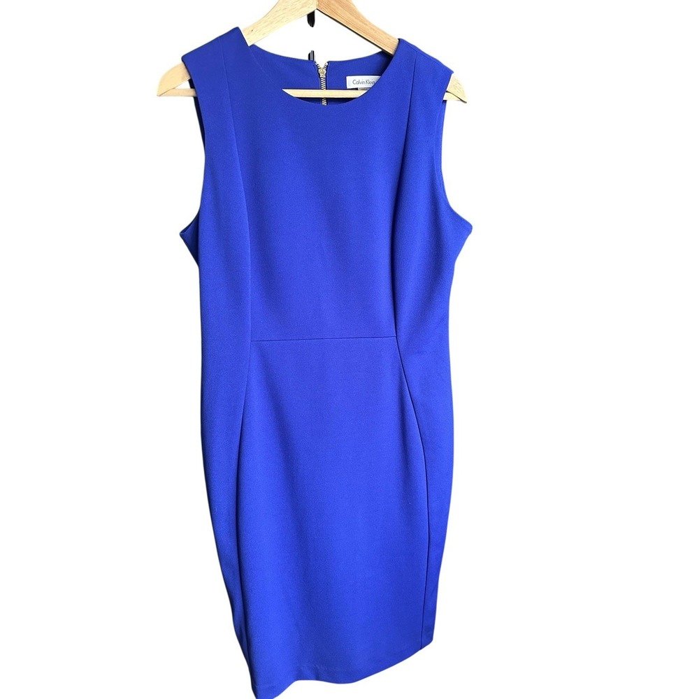 Calvin Klein Sheath Blue Straight Pencil Office Cut Dress Gold Tone Zipper Sz 12